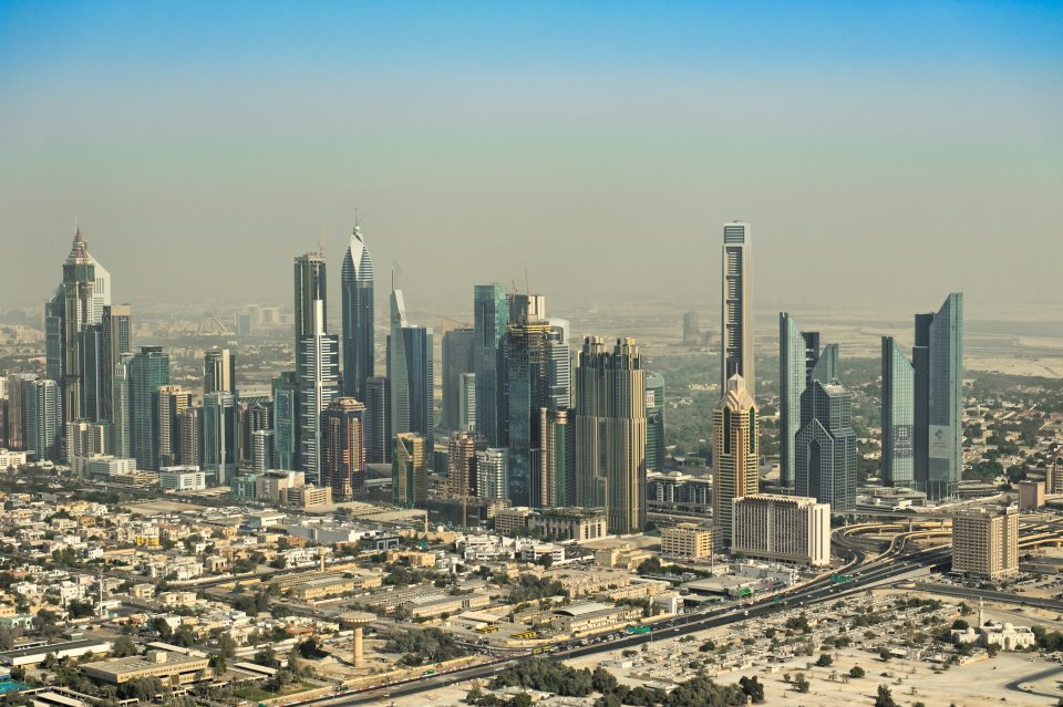 An aerial photo of Sheikh Zayed Rd. shot from Eurocopter AS350 B3