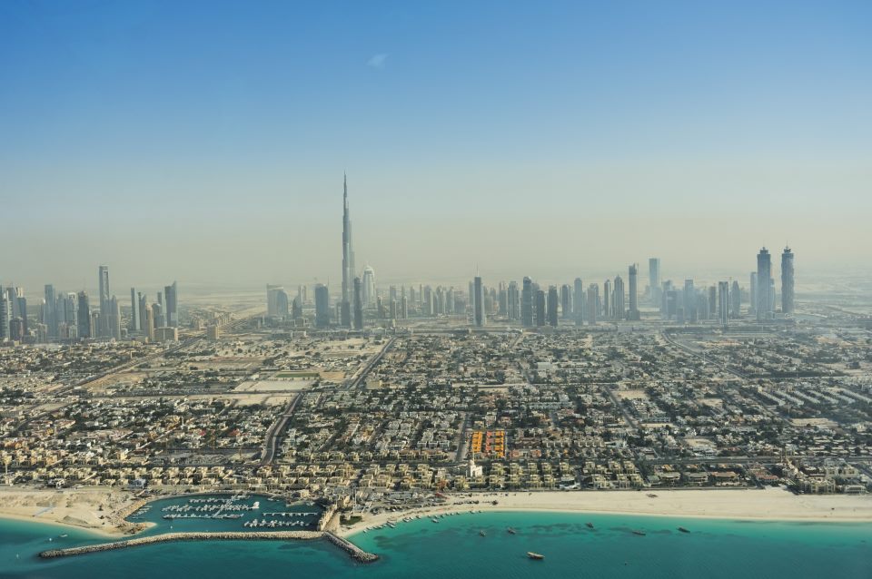 Dubai beach and skyline shot from Eurocopter AS350 B3