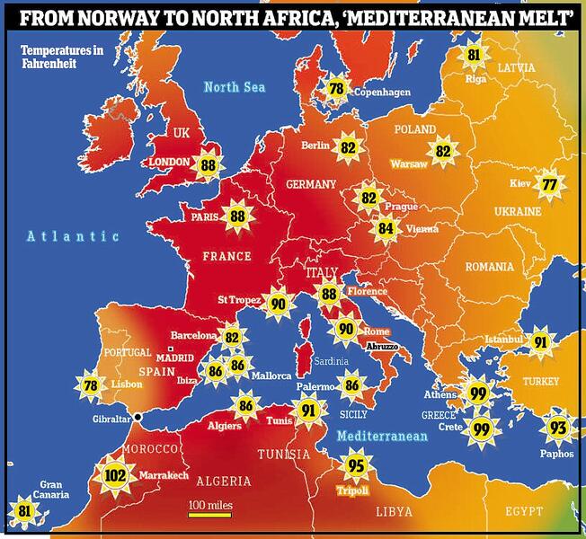 Temperatures across Europe and North Africa have soared as the heatwave refuses to release its stranglehold