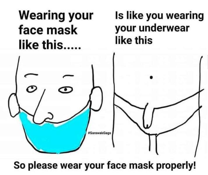 Image may contain: possible text that says 'Wearing your face mask like this..... Is like you wearing your underwear like this #SarawakGags So please wear your face mask properly!'