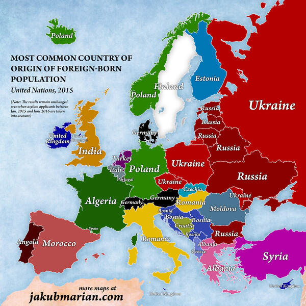 Most common country of origin of foreign-born populations