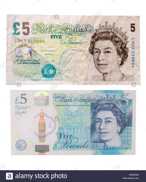 an-old-paper-british-five-pound-note-above-a-new-polymer-or-plastic-HHWGD0.jpg