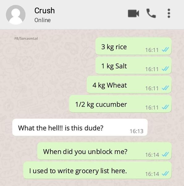 Image may contain: text that says 'Crush Online FB/SarcasmLol 3kg 3 kg rice 16:11 1kg kg Salt 16:11 4 kg Wheat 16:11 1/2 kg cucumber 16:11 What the hell!! is this dude? 16:13 When did you unblock me? 16:14 16:14 used to write grocery list here. 16:14'